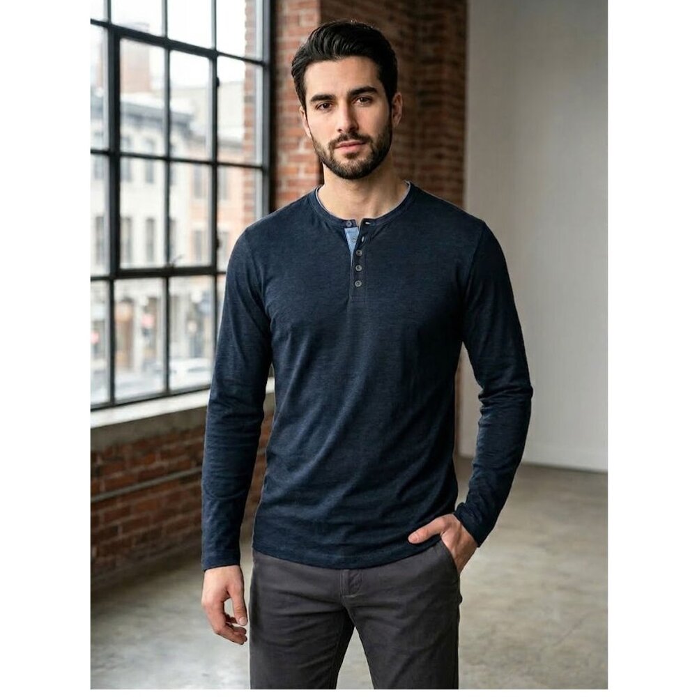 Robert Barakett Birmingham Long Sleeve Henley, Navy Blue, Mens Size Small